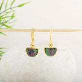 Drop Dangle Earrings - Ruby Zoisite Gemstone Earrings - Silver Hoop - 7x10mm Half Moon Shape Earrings - Gold Plated Earring - Gift for Women